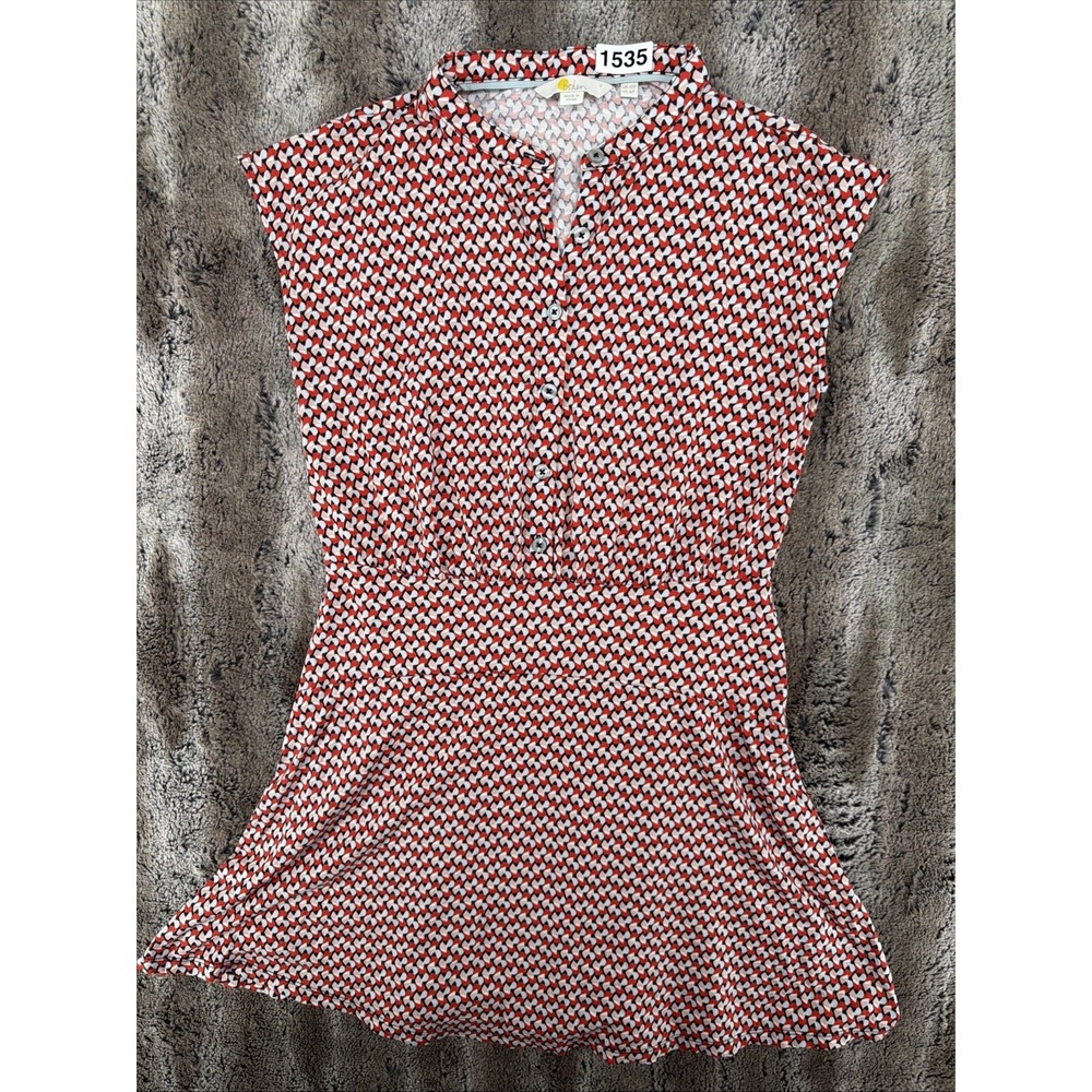 Boden Midi Sleeveless Button Front Red Blue Patterned Dress Size 10P Stretch
